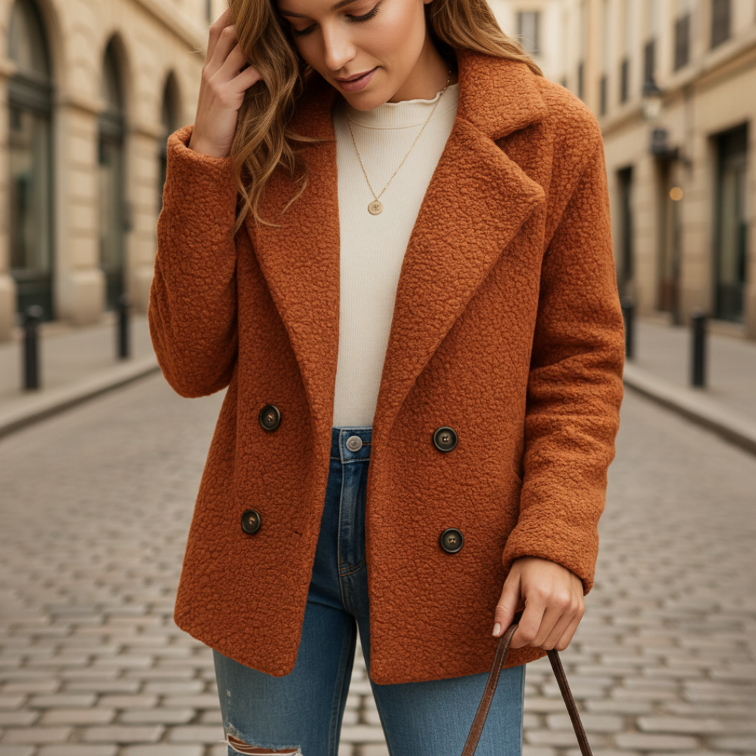 Women's cream beige wool blend teddy jacket short double-breasted coat cozy chic winter layer