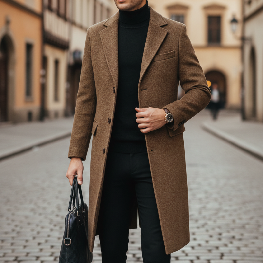 Men's winter fabric coat with small chest pocket in classic black refined casual slim-fit silhouette