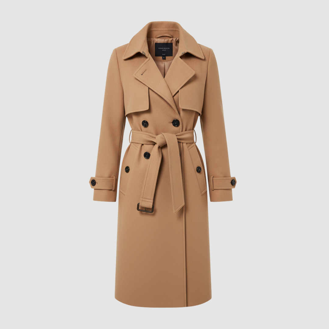 Women's double-breasted wool trench coat, structured long silhouette with classic lapel collar