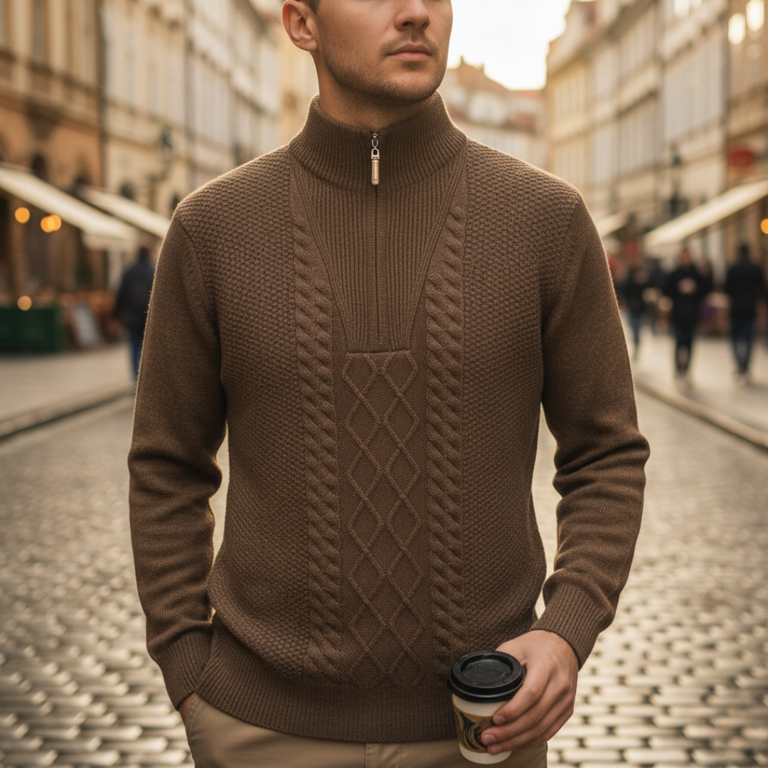 Men's half-zip knit sweater in navy blue textured design, slim casual fit for everyday warmth