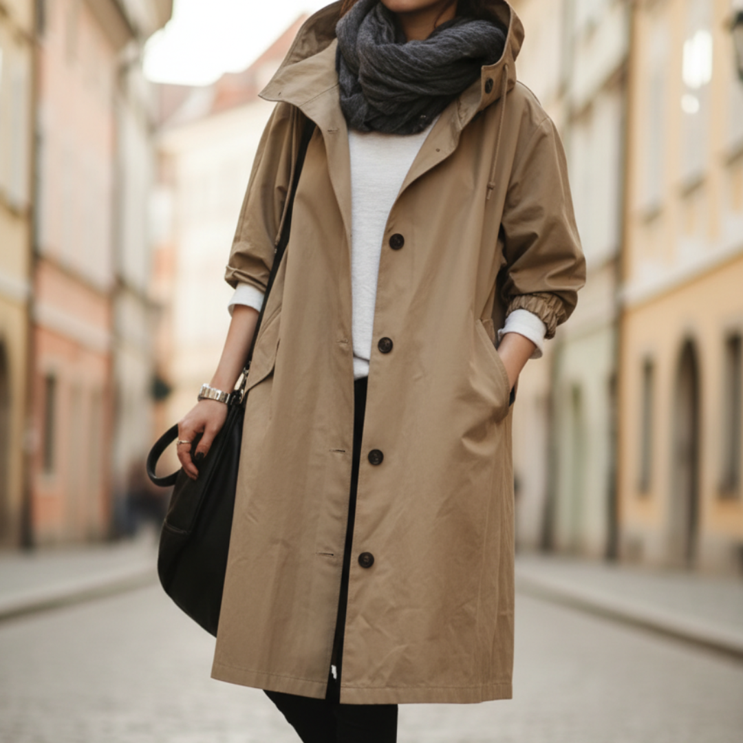 Women's waterproof hooded coat high collar button closure casual all-weather outerwear