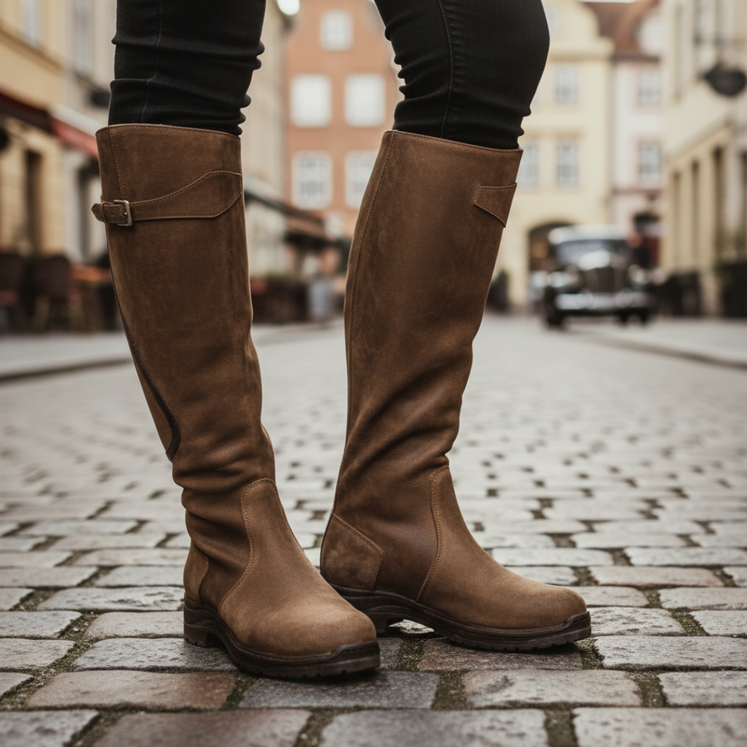 Women's black faux leather knee-high boots with side zipper, cozy everyday winter style