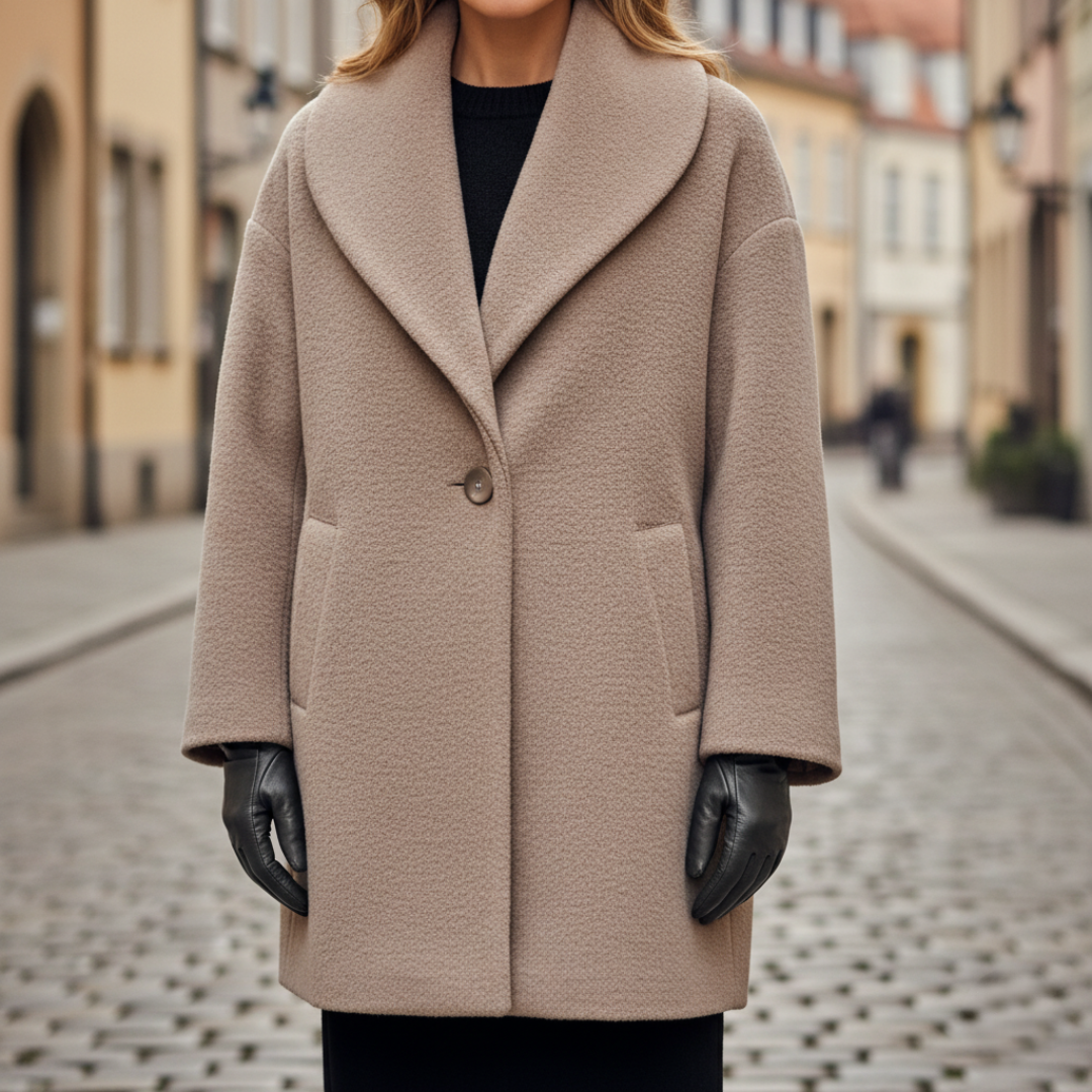 Long elegant women's winter coat in classic cut, belt-free silhouette with button closure front