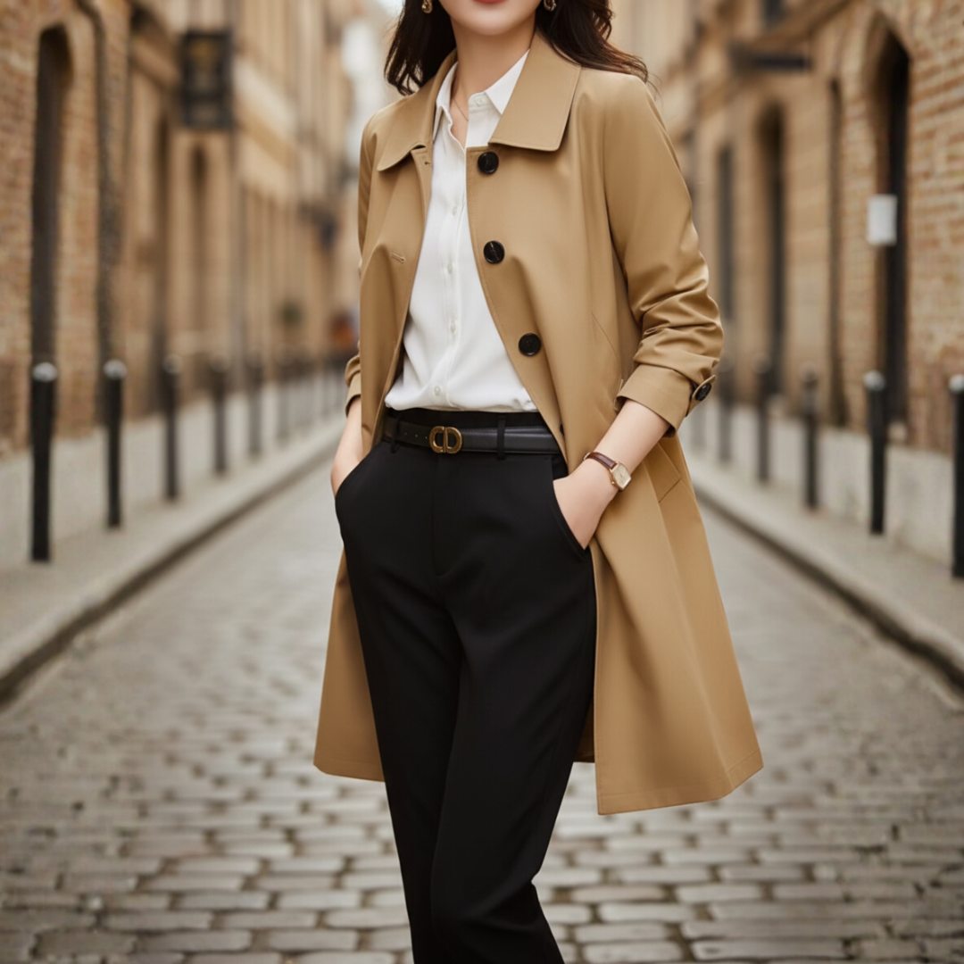 Women's short lightweight polyester trench coat classic silhouette smooth finish for professional casual wear