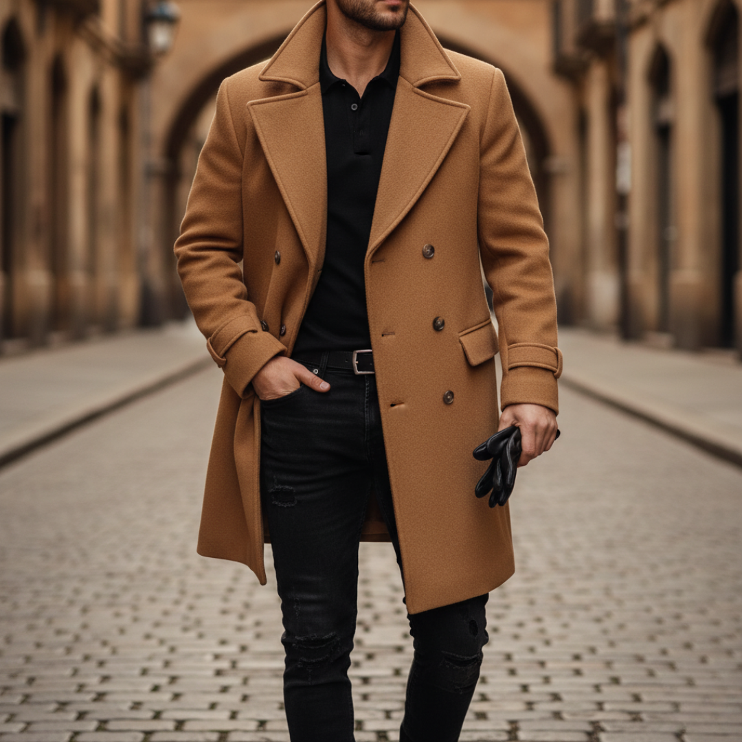 Men's gray wool double-breasted winter coat with thermal insulation for formal and casual wear