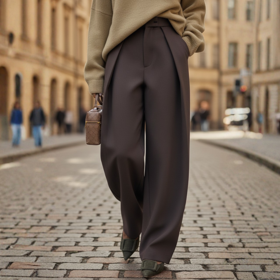 Women's black high waist pleated fabric pants, elegant office wear with soft durable comfort