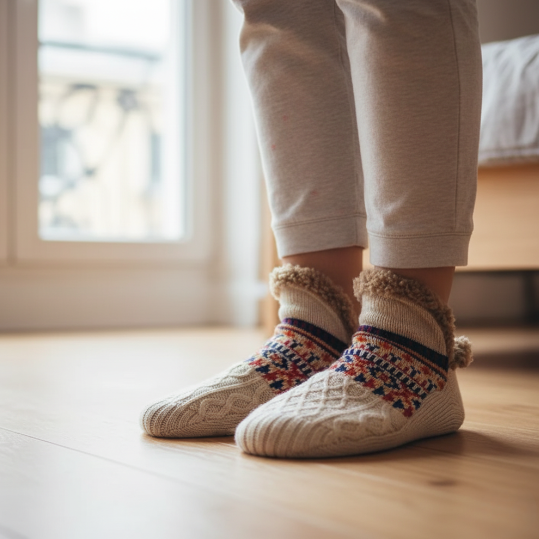 Unisex knitted fur-lined socks cozy woven pattern soft polyester warm winter loungewear footwear
