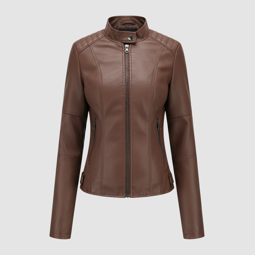 Women's black biker jacket Mandarin collar front zip quilted shoulders defined seams regular fit