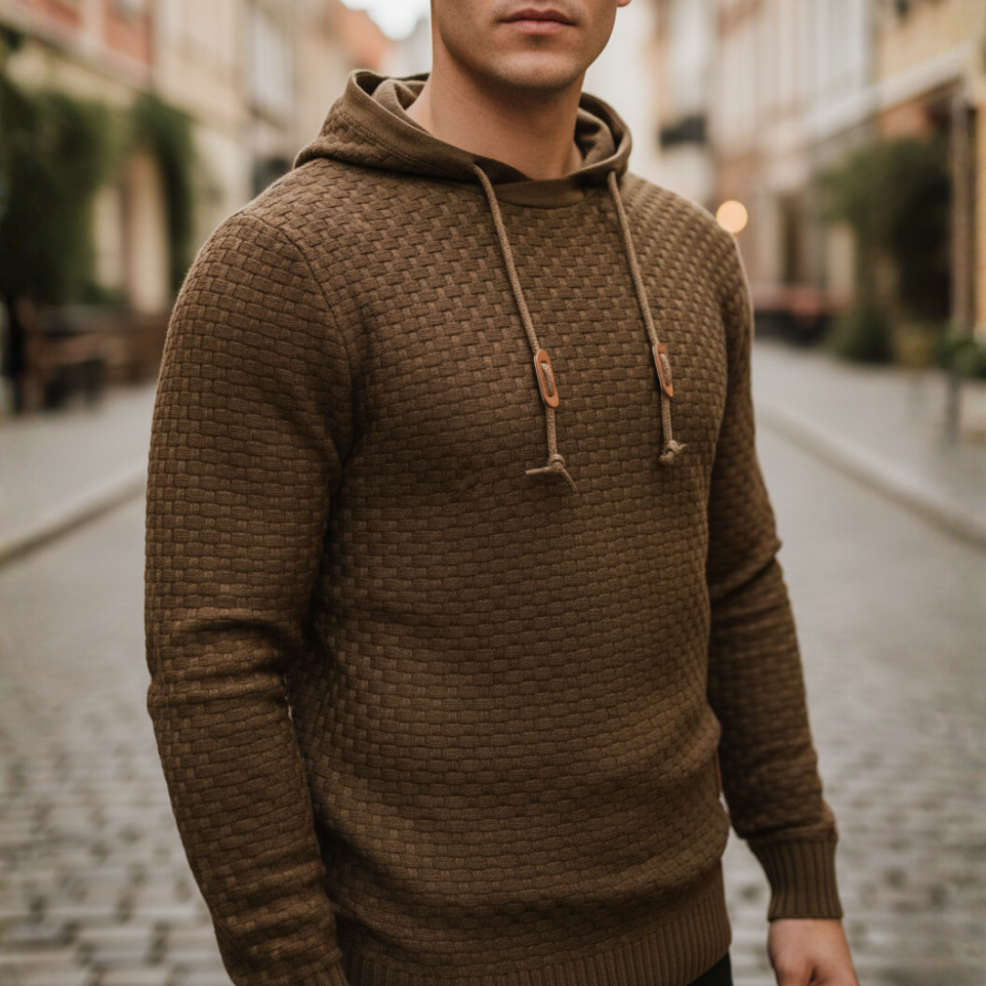 Men's beige polyester hoodie sweatshirt with adjustable hood and front pocket, casual sporty fit