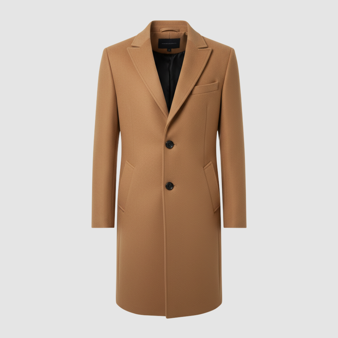 Men's wool blend overcoat in versatile colors sleek clean-cut silhouette for formal and casual cold weather wear
