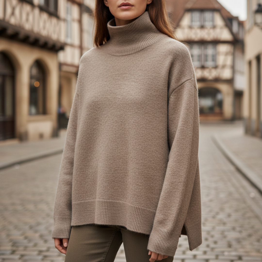 Women's cozy knit turtleneck sweater relaxed silhouette long sleeves autumn winter wardrobe essential