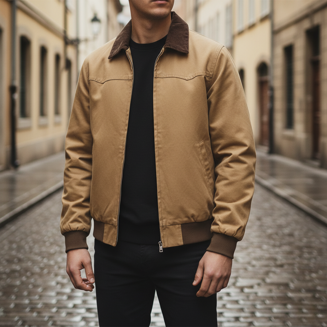 Men's polyester jacket brown green gray synthetic leather collar front zip closure side pockets
