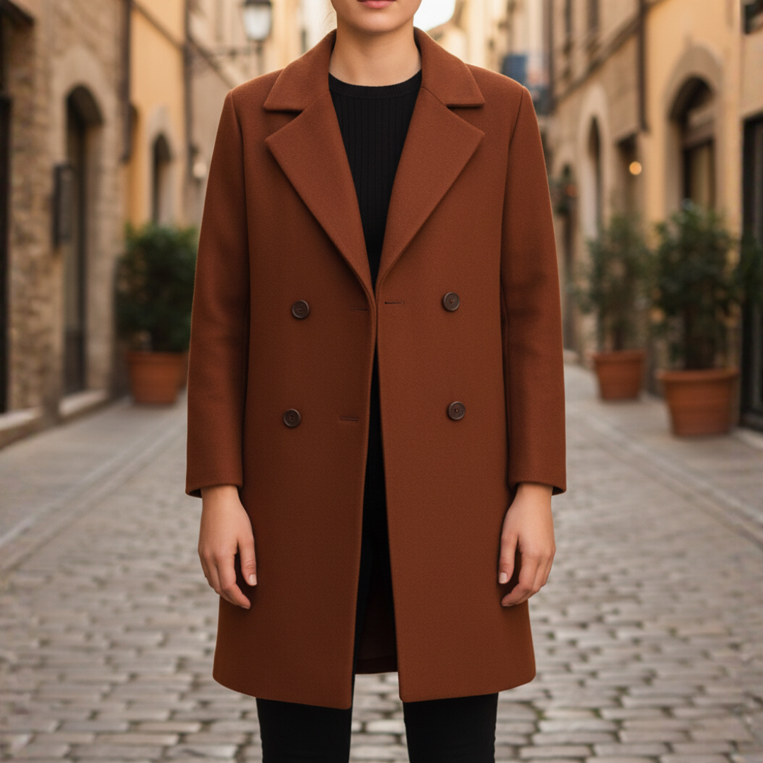 Black double-breasted women's winter coat elegant silhouette easy-care polyester formal style