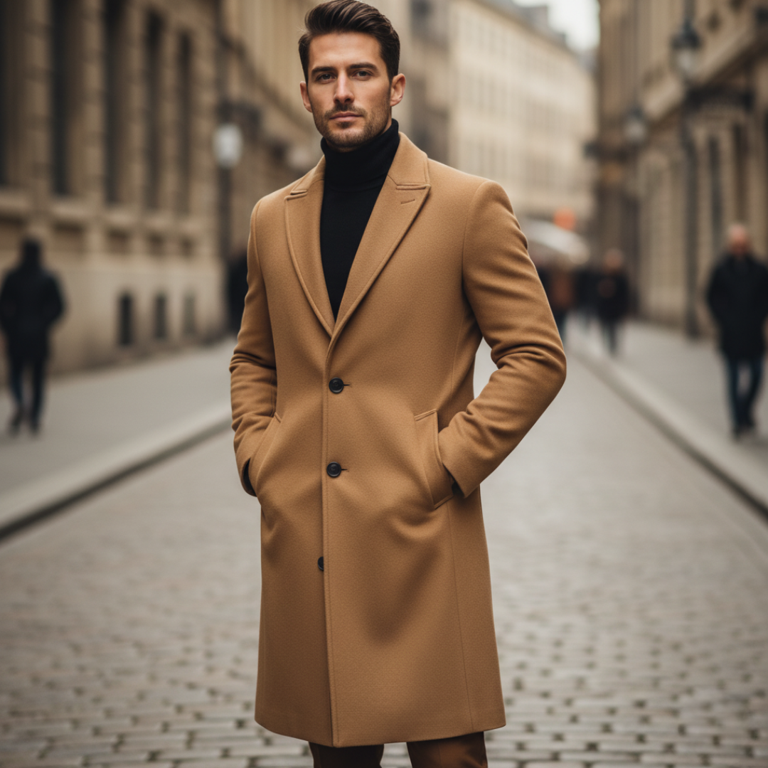 Men's premium wool coat with front button closure, available in black beige gray blue for cold weather