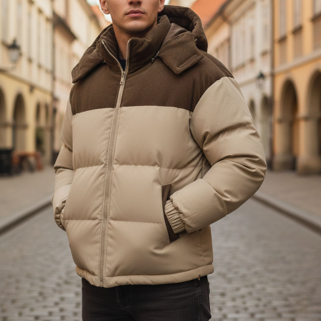 Men's windproof hooded puffer coat, durable down jacket for outdoor adventures in cold weather