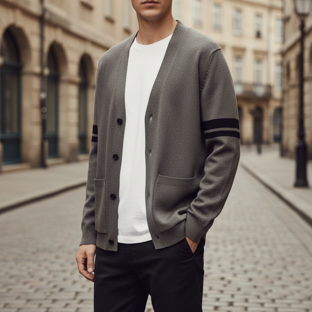 Men's black gray striped sleeve cardigan soft knit winter layering piece casual formal versatile fit