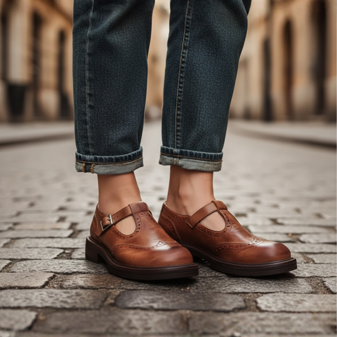 Women's low heel shoes with adjustable strap in black and brown for all-day comfort