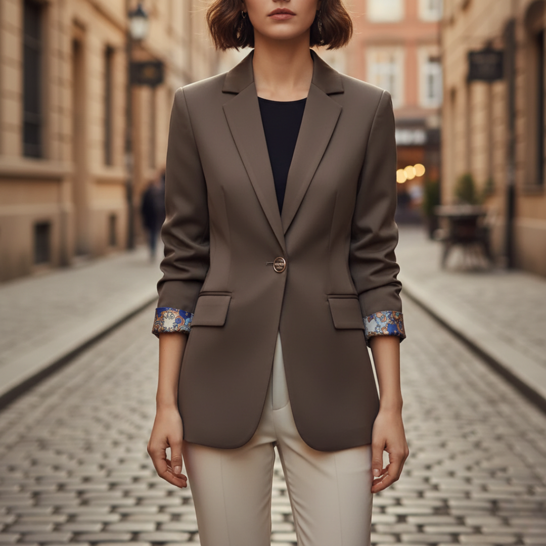 Elegant women's blazer beige black button-sleeve detail classic cut professional everyday wear