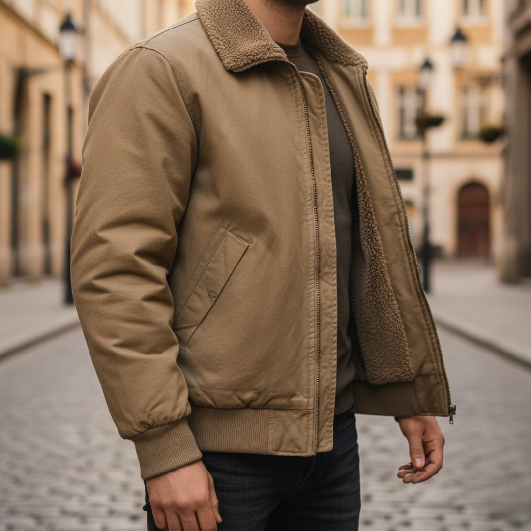 Men's black brown green bomber jacket removable shearling collar cold weather polyester lined