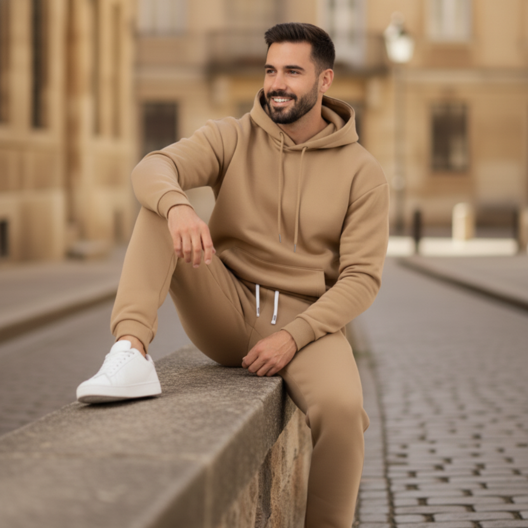 Men's gray fleece hooded jumpsuit cozy soft one-piece tracksuit for home and outdoor leisure