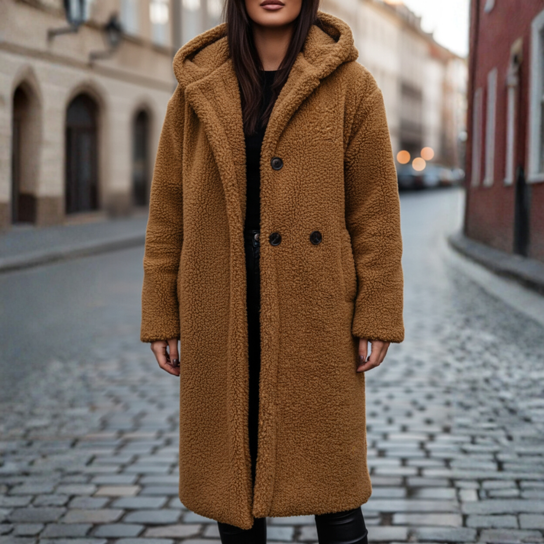 Women's faux fur hooded jacket warm elegant winter outerwear with front button closure
