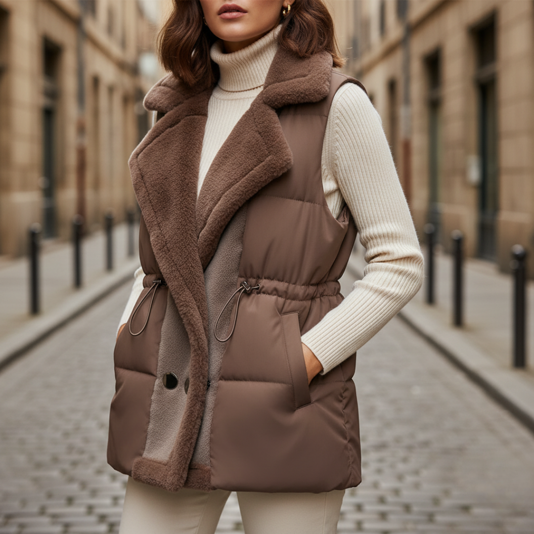 Women's padded vest faux fur collar button closure side pockets lightweight cold-weather layer