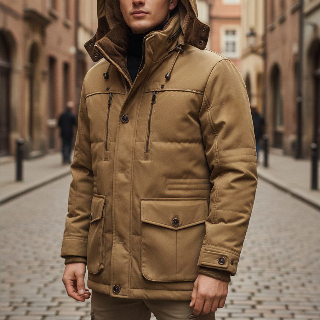 Men's waterproof hooded jacket with fur lining, windproof winter coat with side pockets