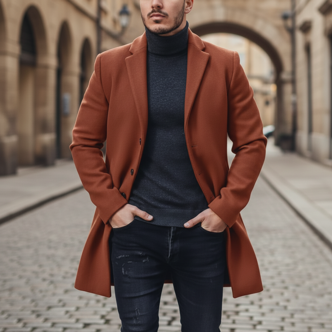 Men's slim fit tailored winter coat in heavy polyester with notch lapel two-button closure