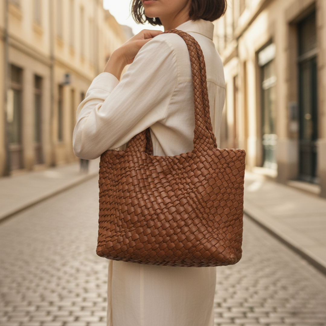 Women's black woven leather tote bag elegant spacious silhouette with durable timeless finish