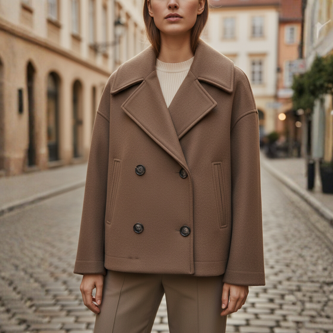 Women's short double-breasted jacket mixed material wide lapel structured modern silhouette everyday essential
