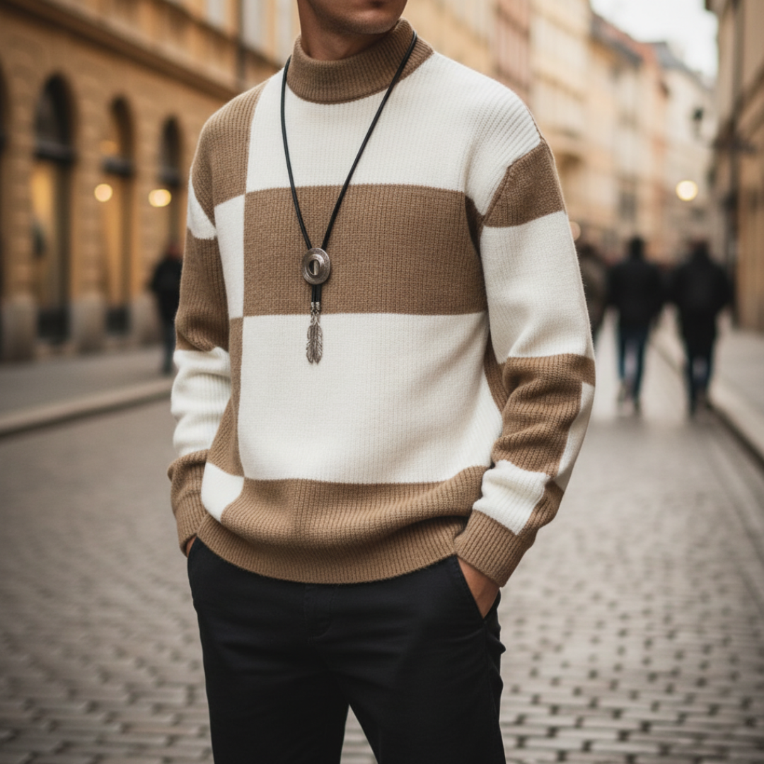 Men's oversized checkered sweater black white knit winter streetwear bold retro striped pattern