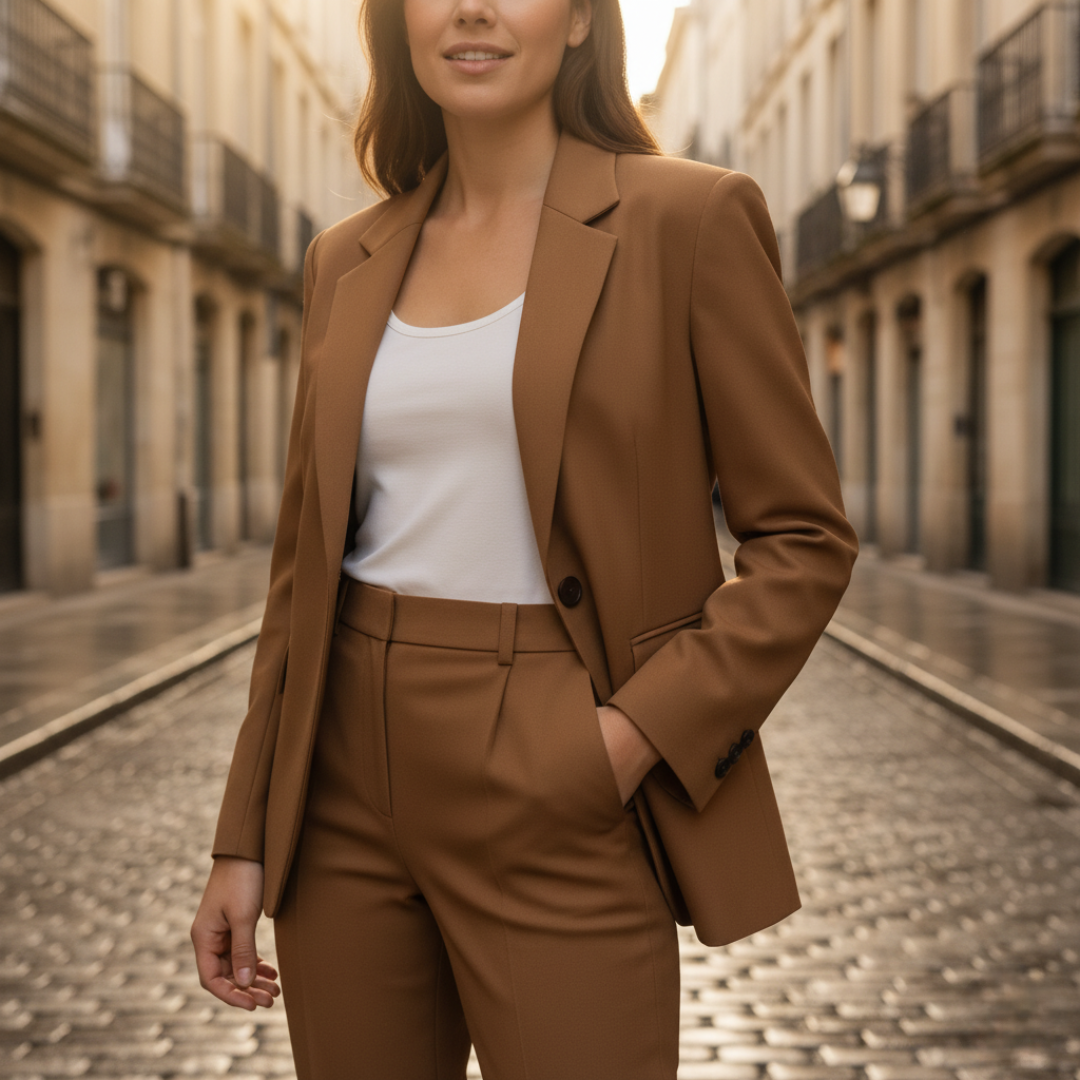 Women's tailored jacket and pants set in professional workwear style with button closure two-piece