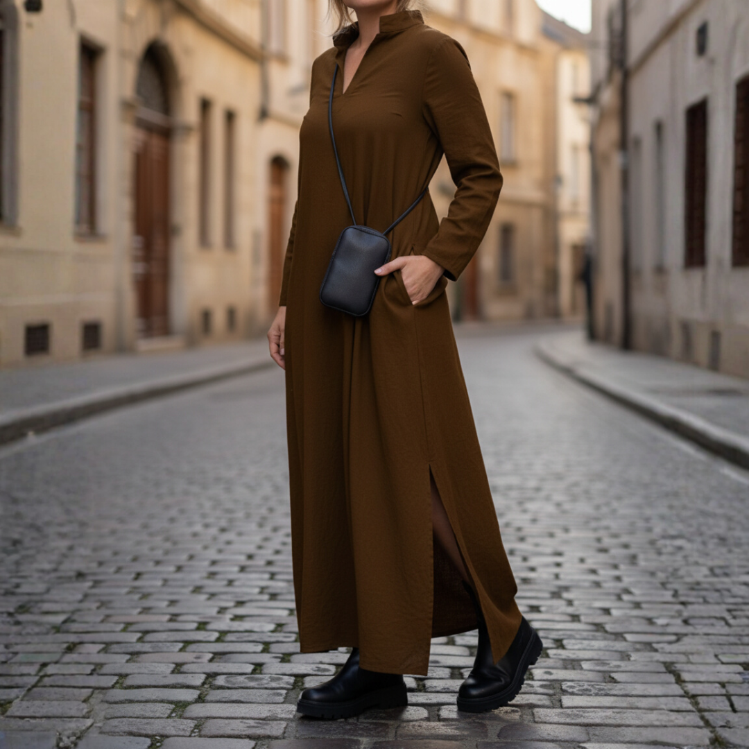 Women's long high neck casual dress with relaxed fit and side pockets in black blue brown green red