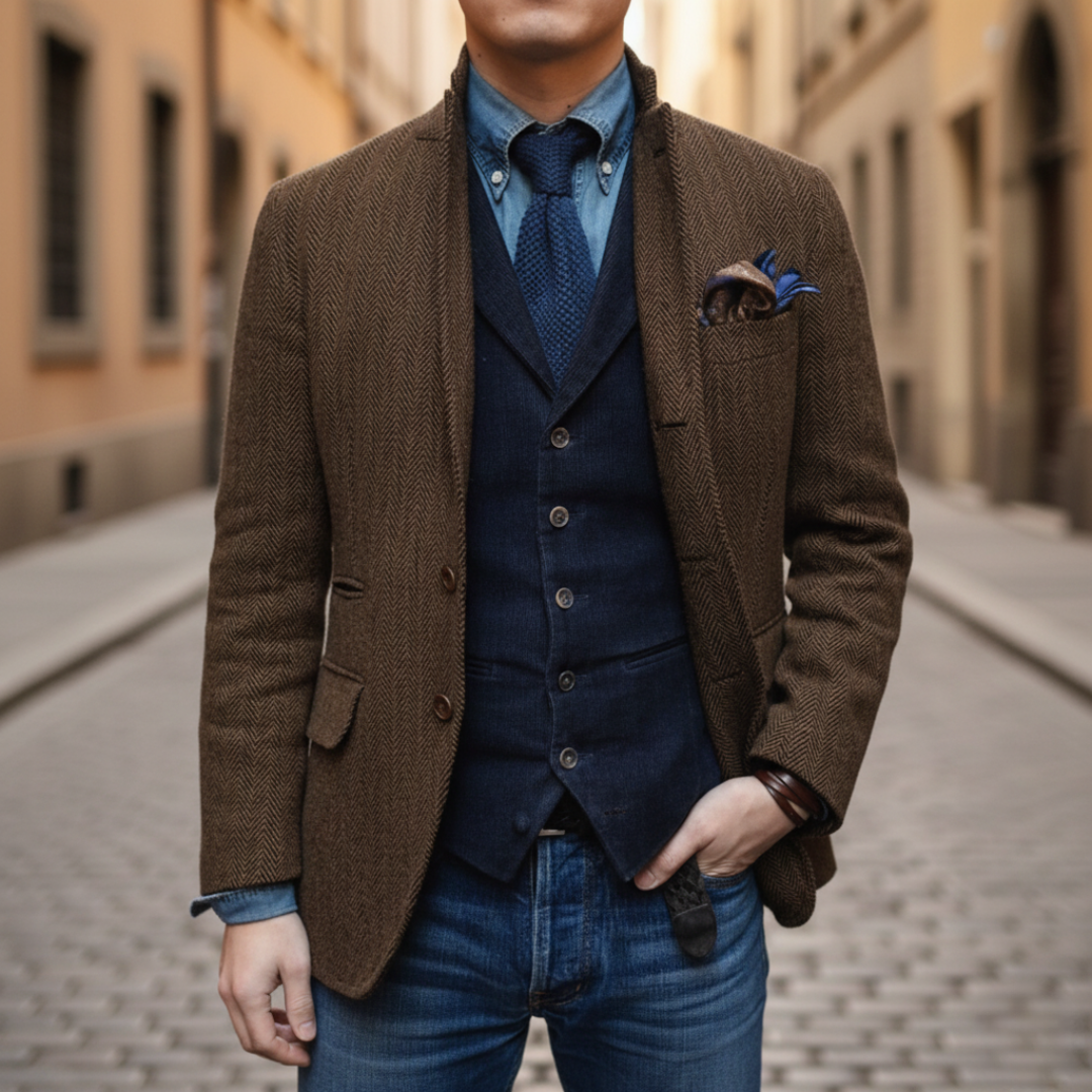Men's Korean-style blazer with mandarin collar, textured mixed fabric weave, smart-casual tailored fit