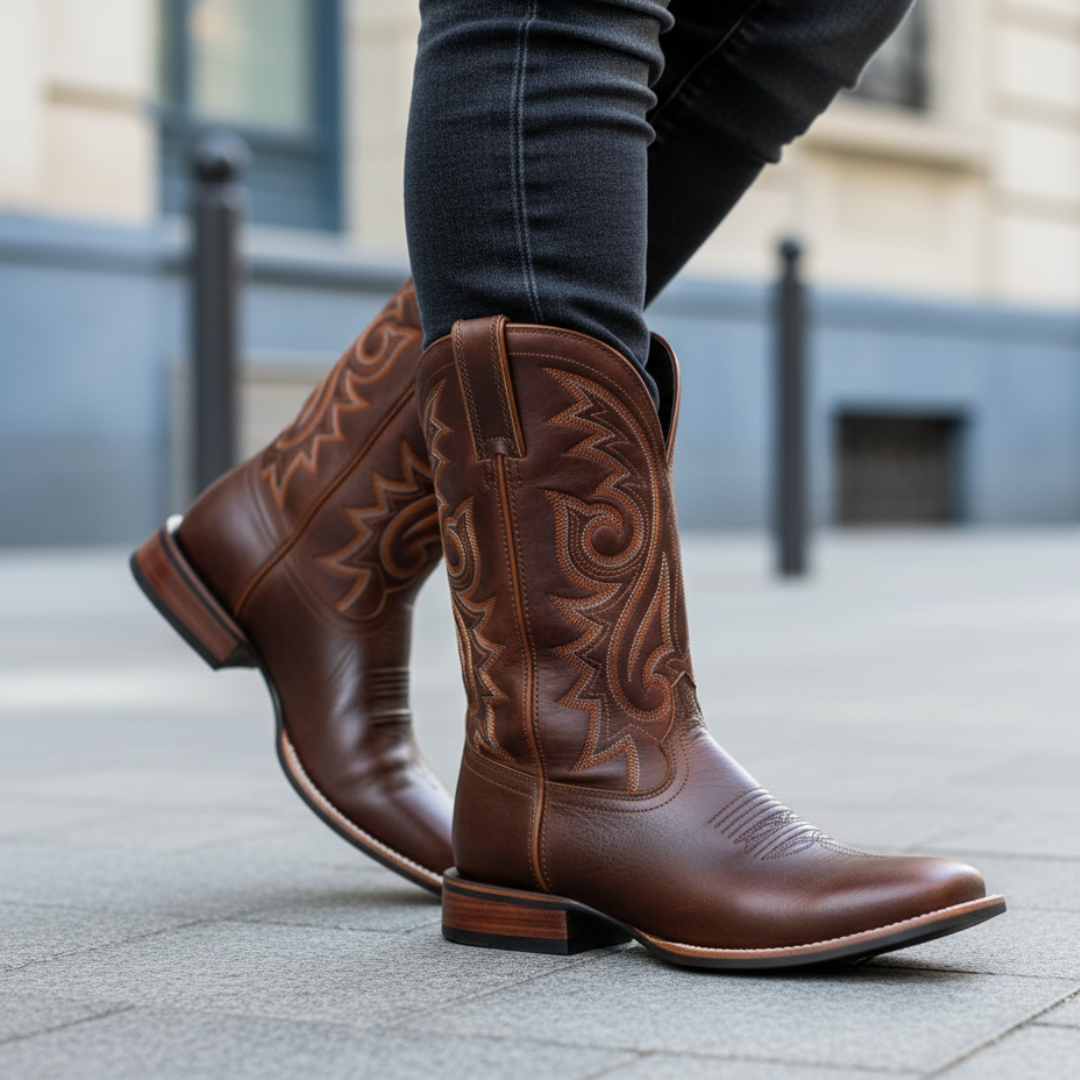 Men's brown synthetic leather orthopedic boots with supportive sole and easy side zip closure