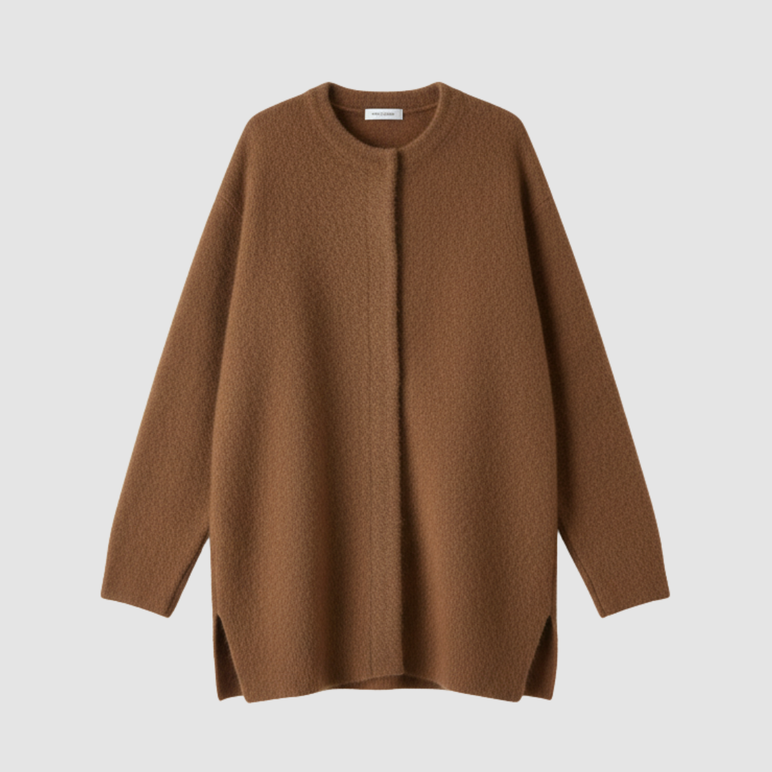 Women's oversized fuzzy knit cardigan with front button closure, collarless cozy brushed finish
