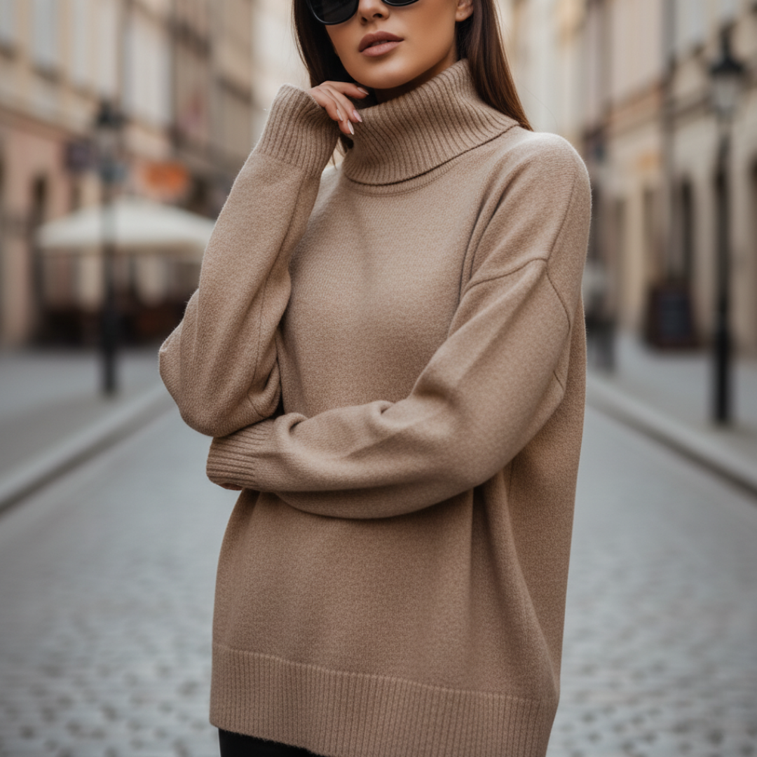 Women's cozy knit turtleneck sweater relaxed wide-fit silhouette versatile casual elegant layering top