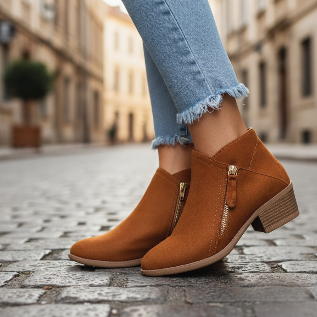 Beige women ankle boots with side zip closure, comfortable stable heel for all-day wear