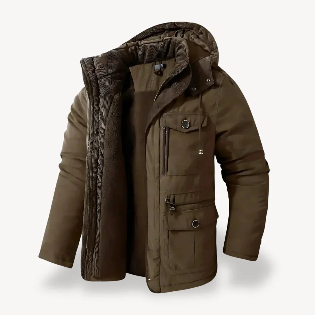 Men's heavy-duty winter jacket streamlined fit with rugged outdoor-ready construction for cold weather
