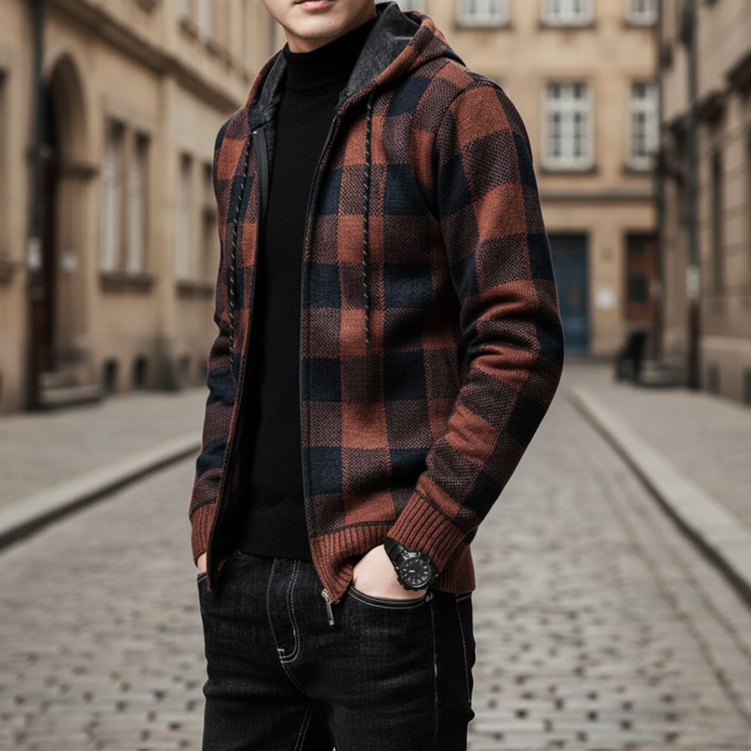 Men's plaid hooded cardigan relaxed-fit adjustable hood cozy winter casual jacket blue brown green gray