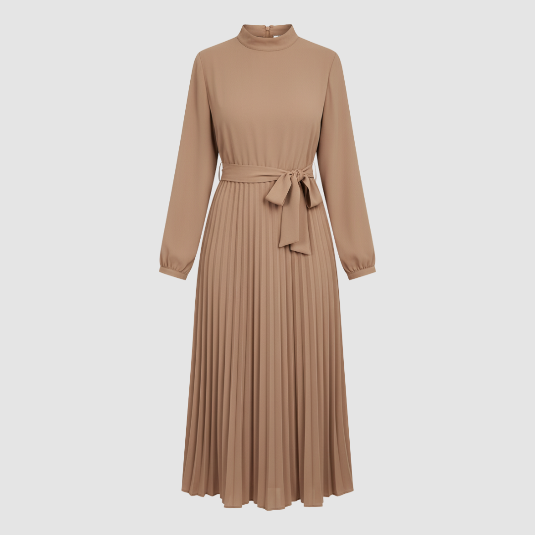 Women's long pleated dress with belt, high neckline, long sleeves, elegant formal casual style