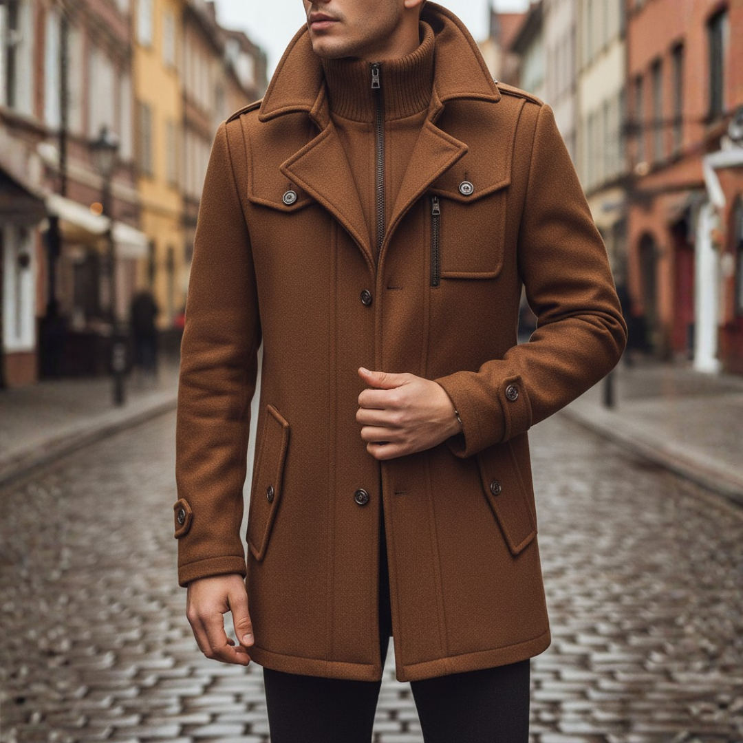 Men's black winter coat button closure zipper pockets warm durable slim formal casual outerwear
