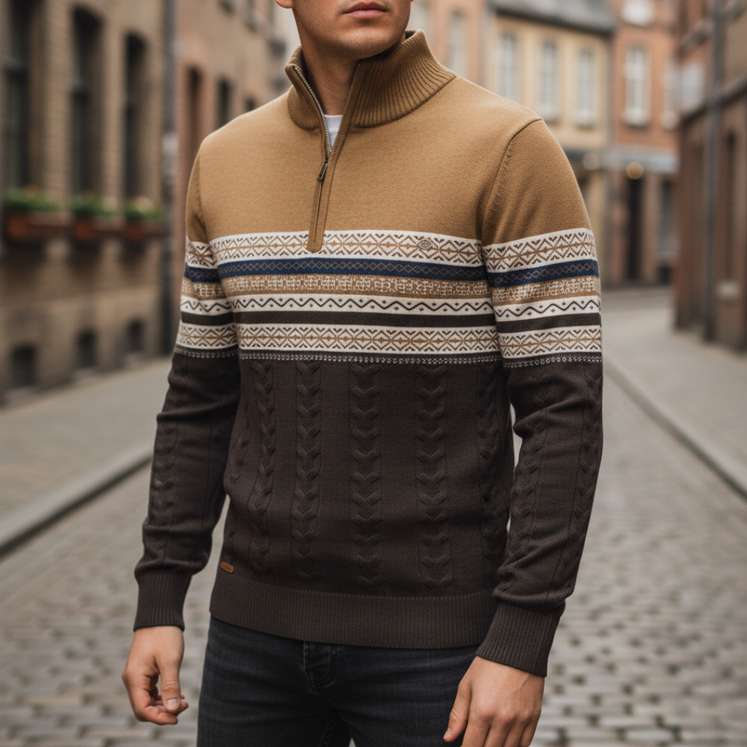 Men's half-zip sweater geometric pattern mixed fabric braided knit regular fit cold-season pullover