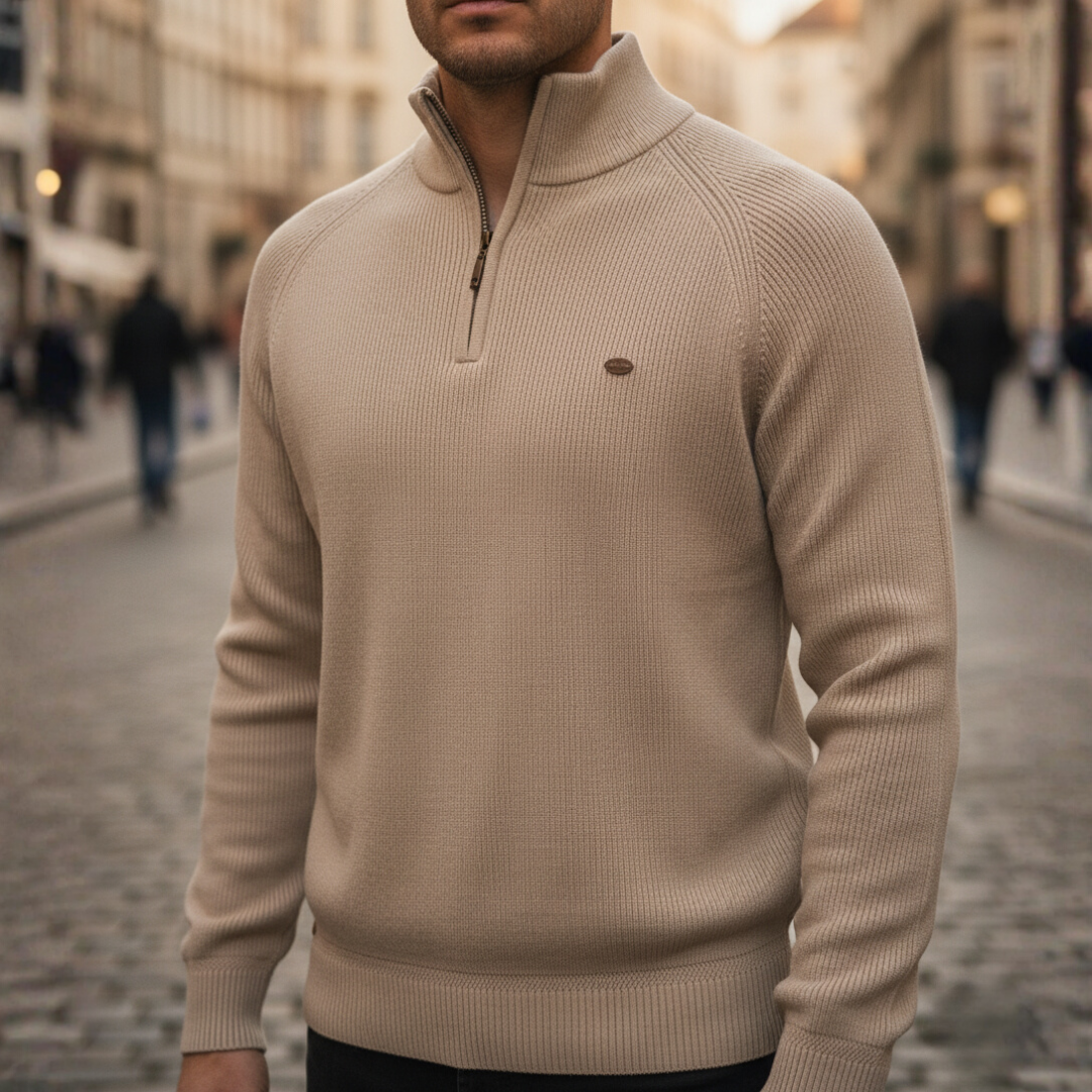 Men's half-zip high collar sweater in navy blue ribbed knit with raglan sleeves for structured daily comfort