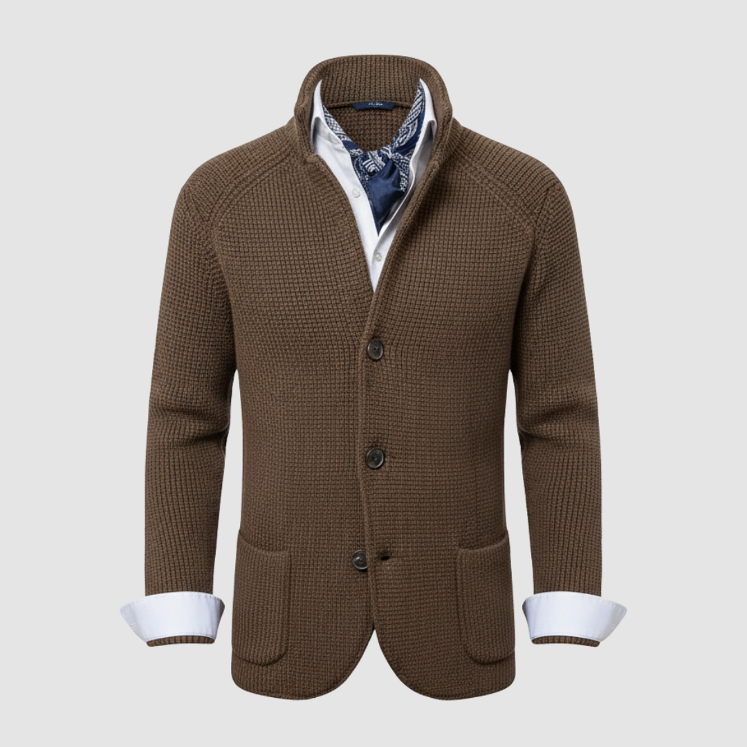 Men's double-breasted mid-length coat, high collar with knit insert, inner zipper, structured office style