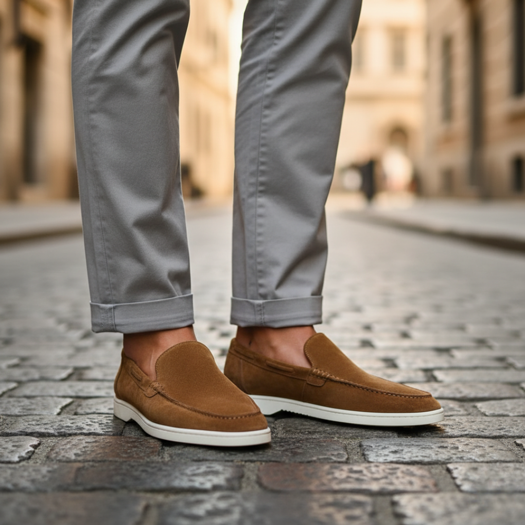 Men's suede slip-on moccasin loafers with rubber sole, solid color, casual comfort everyday wear