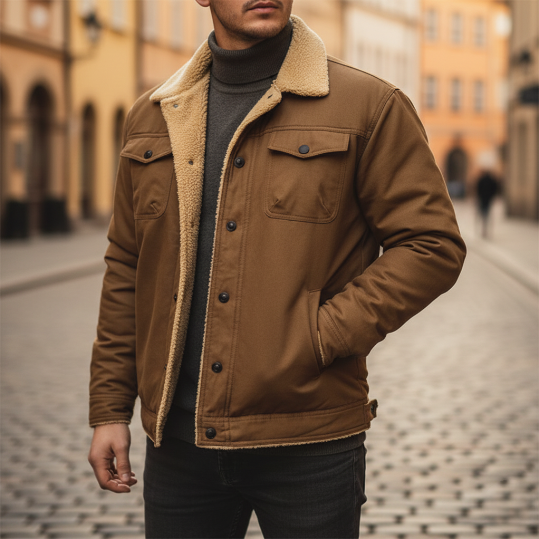 Men's winter jacket with internal fur lining, available in black, blue, green, beige, and brown