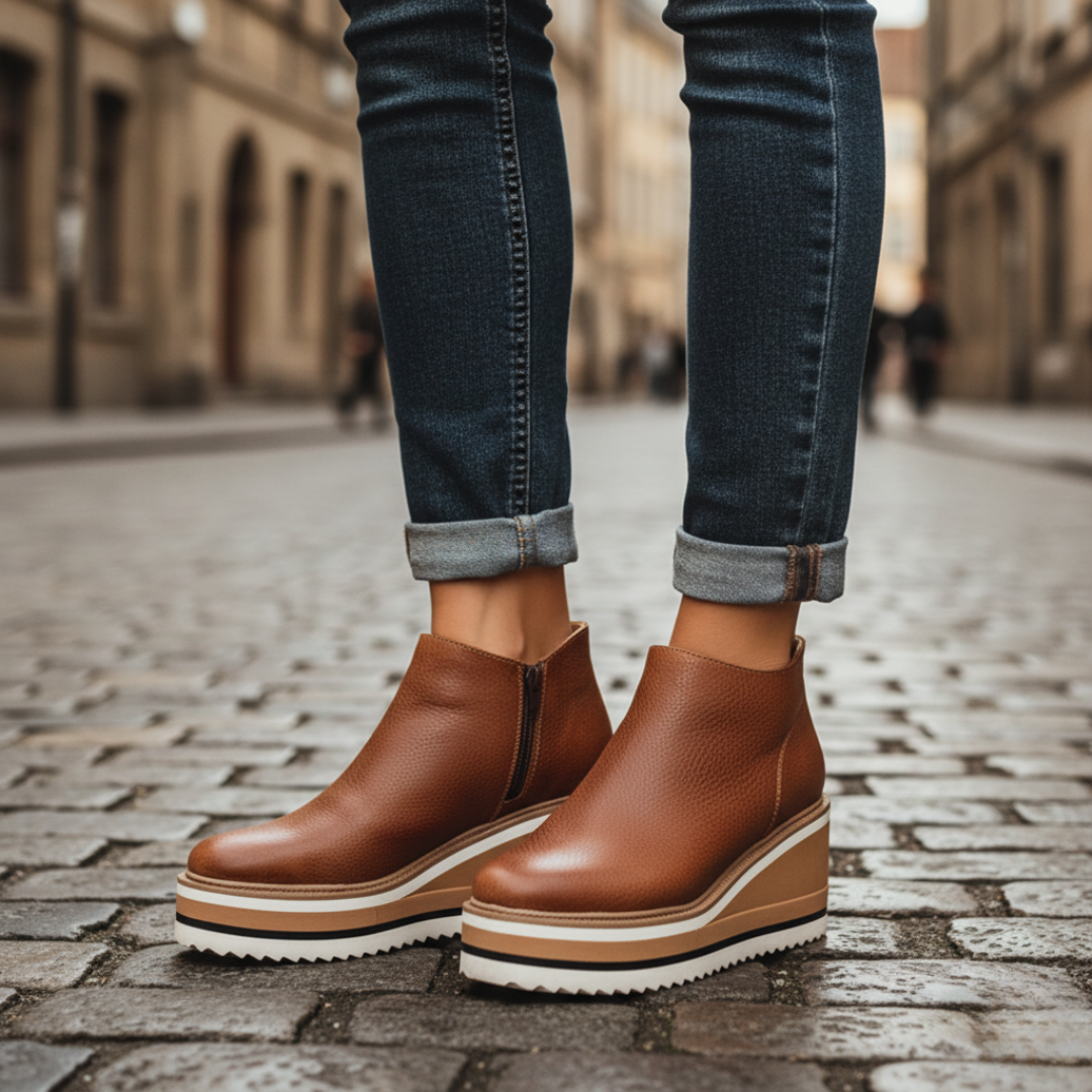 Women's black faux leather ankle boots with side zipper and stable wedge heel for everyday wear