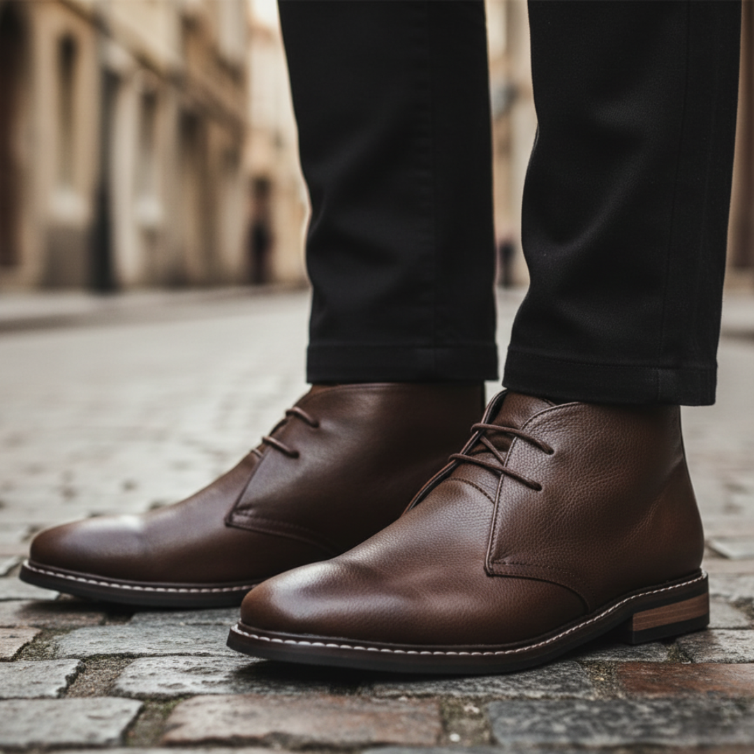 Men's synthetic leather chukka boots in brown classic lace-up design with durable rubber sole