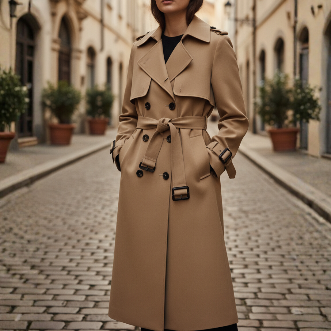 Women's beige double-breasted trench coat with wide collar, belted waist, and long structured silhouette